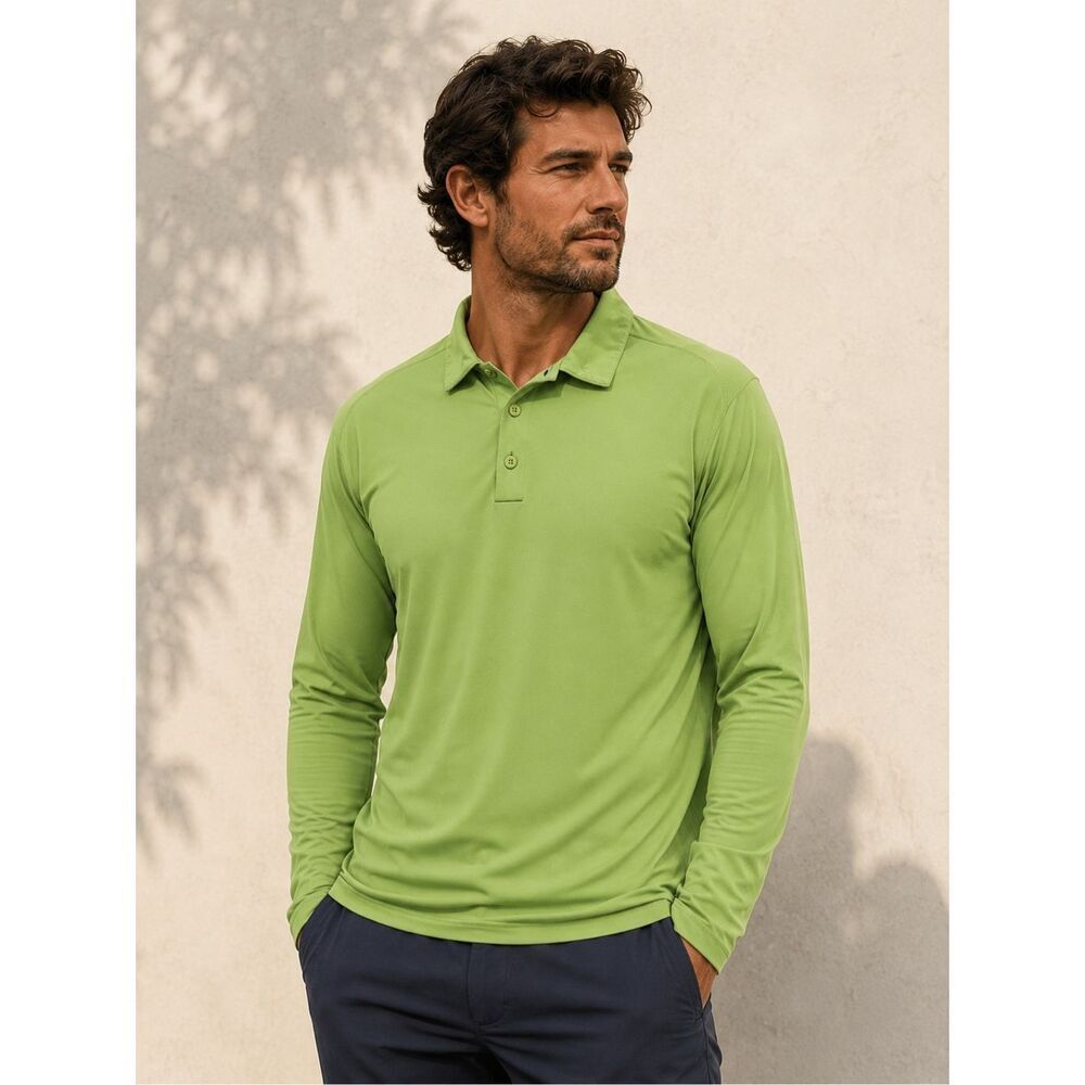 NWOT IBKUL Performance Long Sleeve Polo Shirt Lime Green UPF Golf Activewear XL,